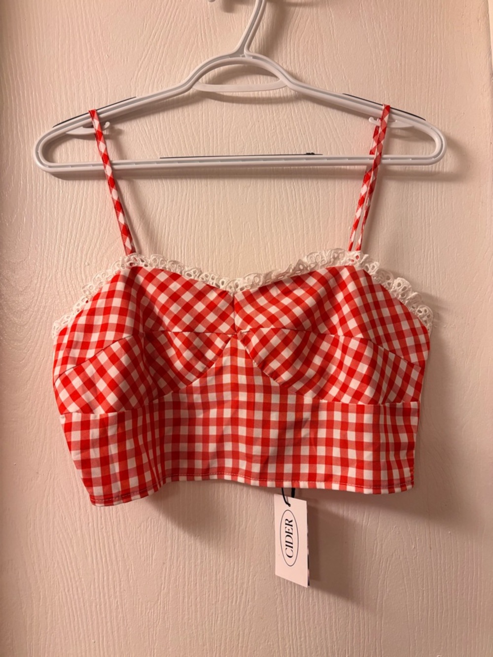 Cider Red and White Gingham Lace-Trim Crop Top